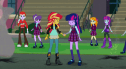 Size: 600x330 | Tagged: safe, imported from derpibooru, screencap, aqua blossom, heath burns, mystery mint, neon lights, orange sherbette, rising star, rose heart, sci-twi, spike, spike the regular dog, sunset shimmer, suri polomare, taffy shade, twilight sparkle, varsity trim, dog, equestria girls, friendship games, animated, apology, canterlot high, clothes, crystal prep academy uniform, glasses, school uniform, teary eyes