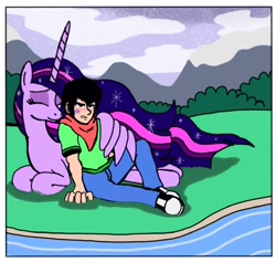 Size: 1280x1212 | Tagged: safe, artist:jmantheangel, imported from derpibooru, twilight sparkle, oc, oc:j-man, alicorn, human, the last problem, converse, female, hug, human in equestria, human male, kiss mark, lipstick, male, mare, mountain, princess twilight 2.0, shoes, twilight sparkle (alicorn), winghug