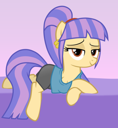 Size: 2452x2662 | Tagged: safe, artist:chomakony, imported from derpibooru, oc, oc only, oc:tailma, earth pony, pony, bed, bedroom eyes, clothes, crossed hooves, ear piercing, earring, earth pony oc, female, gradient background, jewelry, lidded eyes, looking at you, lying down, mare, piercing, ponytail, shirt, shorts, show accurate, simple background, smiling, solo