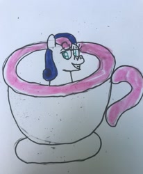 Size: 1055x1280 | Tagged: safe, artist:whistle blossom, imported from derpibooru, bon bon, sweetie drops, earth pony, pony, adorabon, cup, cup of pony, cute, female, grin, looking at you, micro, simple background, smiling, smiling at you, solo, teacup, traditional art, whistle blossom is trying to murder us, whistle blossom's teacup ponies, white background