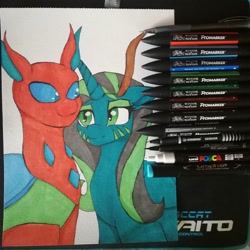 Size: 1080x1080 | Tagged: safe, artist:operfield, imported from derpibooru, oc, oc only, oc:stitchy de noël, changedling, changeling, pony, unicorn, changedling oc, changeling oc, duo, face paint, horn, smiling, traditional art, unicorn oc