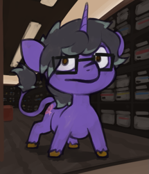 Size: 685x798 | Tagged: safe, artist:marsminer, imported from derpibooru, oc, oc only, oc:norec, pony, unicorn, glasses, horn, leonine tail, solo, unicorn oc, unshorn fetlocks