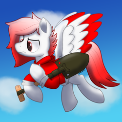 Size: 2000x2000 | Tagged: safe, artist:memeancholy, imported from derpibooru, oc, oc only, oc:deepest apologies, pegasus, pony, colored wings, colored wingtips, flying, frown, high res, male, market gardener, pegasus oc, shovel, sky, solo, stallion, team fortress 2