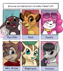 Size: 2010x2267 | Tagged: safe, artist:helicityponi, imported from derpibooru, octavia melody, anthro, big cat, cat, dog, earth pony, hybrid, hyena, lion, mightyena, mouse, pony, rabbit, six fanarts, animal, anthro with ponies, blushing, bowtie, clothes, collar, crossover, don bluth, female, kopa, mare, mrs. brisby, pokémon, poochie, ryo-ohki, smiling, sunglasses, tenchi muyo, the lion guard, the secret of nimh, whiskers