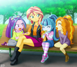 Size: 1200x1045 | Tagged: safe, artist:uotapo, imported from derpibooru, adagio dazzle, aria blaze, sonata dusk, sunset shimmer, equestria girls, equestria girls series, adoragio, age regression, ariabetes, babysitting, bench, child, children, cute, eating, eyes closed, female, food, geode of empathy, kid, magical geodes, mama sunset, open mouth, park, park bench, shimmerbetes, siblings, sisters, sitting, sonatabetes, sonataco, taco, that girl sure loves tacos, that pony sure does love tacos, that siren sure does love tacos, the dazzlings, tree, uotapo is trying to murder us, weapons-grade cute, younger