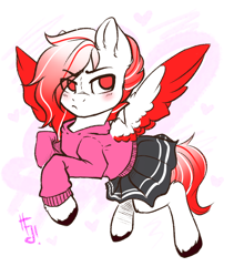 Size: 1600x1900 | Tagged: safe, artist:falafeljake, imported from derpibooru, oc, oc:deepest apologies, pegasus, blushing, clothes, commissioner:shockwave, crossdressing, cute, flying, looking away, male, pegasus oc, simple background, skirt, solo, spread wings, white background, wings