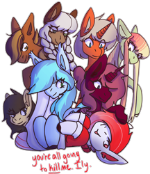 Size: 2550x2950 | Tagged: safe, artist:raya, imported from derpibooru, oc, oc only, oc:blackberry frost, oc:deepest apologies, oc:gray lily, oc:misfit patchwork, oc:mixtape, oc:nazir, oc:retro hearts, oc:rosalie, bat pony, changeling, earth pony, pegasus, unicorn, rayaexperimental, simple background, transparent background