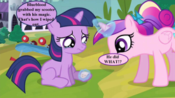 Size: 1280x720 | Tagged: safe, edit, edited screencap, imported from derpibooru, screencap, princess cadance, twilight sparkle, a canterlot wedding, bandaid, bow, canterlot, crying, dialogue, female, filly, filly twilight sparkle, implied blueblood, magic, magic aura, scooter, speech bubble, tail bow, younger