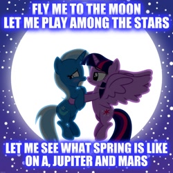 Size: 2000x2000 | Tagged: safe, artist:navitaserussirus, edit, imported from derpibooru, trixie, twilight sparkle, alicorn, female, fly me to the moon, frank sinatra, lesbian, moon, neon genesis evangelion, shipping, song reference, twilight sparkle (alicorn), twixie