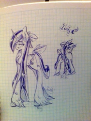 Size: 768x1024 | Tagged: safe, artist:kiwwsplash, imported from derpibooru, oc, oc only, pony, unicorn, bow, chibi, duo, graph paper, hair bow, hoof fluff, horn, tail bow, traditional art, unicorn oc