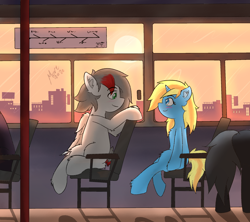 Size: 2250x2000 | Tagged: safe, artist:move, imported from derpibooru, oc, oc only, oc:move, oc:skydreams, pegasus, pony, unicorn, blue eyes, blue fur, blushing, city, glass, gray mane, green eyes, grey fur, looking at each other, looking down, looking up, sitting, sky, smiling, sun, sunset, sunshine, train, window, yellow mane