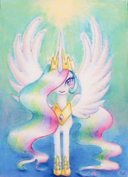 Size: 742x1024 | Tagged: safe, artist:えむ, imported from derpibooru, princess celestia, pony, colored pencil drawing, crown, female, japanese, jewelry, pencil drawing, regalia, solo, traditional art