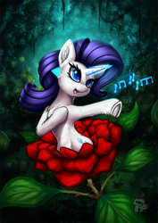 Size: 935x1323 | Tagged: safe, artist:calena, imported from derpibooru, rarity, alraune, pony, semi-anthro, unicorn, beautiful, chest fluff, cute, daaaaaaaaaaaw, featured image, female, flower, forest, frog (hoof), glowing horn, hnnng, horn, magic, music notes, painting, plant, raribetes, rarity being rarity, rose, singing, solo, sweet dreams fuel, underhoof