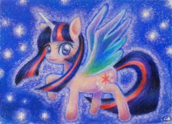 Size: 680x492 | Tagged: safe, artist:えむ, imported from derpibooru, twilight sparkle, alicorn, pony, rainbow roadtrip, colored pencil drawing, colored wings, female, japanese, multicolored wings, night, rainbow wings, solo, stars, traditional art, twilight sparkle (alicorn), wings