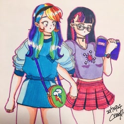 Size: 680x680 | Tagged: safe, artist:chami, imported from derpibooru, rainbow dash, twilight sparkle, human, anime, bag, book, choker, clothes, dress, ear piercing, earring, glasses, harajuku, headband, humanized, japanese, jewelry, marker drawing, meganekko, necklace, piercing, rainbow dash always dresses in style, skirt, traditional art, watch