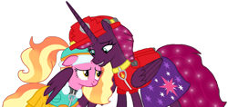 Size: 2179x1027 | Tagged: safe, alternate version, artist:徐詩珮, imported from derpibooru, fizzlepop berrytwist, luster dawn, tempest shadow, alicorn, pony, unicorn, series:sprglitemplight diary, series:sprglitemplight life jacket days, series:springshadowdrops diary, series:springshadowdrops life jacket days, alicornified, alternate universe, background removed, base used, clothes, cute, cutie mark, cutie mark on clothes, duo, ethereal mane, everest (paw patrol), eye scar, eyelashes, female, grin, helmet, hug, mare, marshall (paw patrol), older, older tempest shadow, paw patrol, race swap, scar, simple background, smiling, starry mane, tempestbetes, tempesticorn, transparent background, winghug