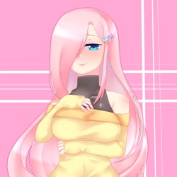 Size: 1200x1200 | Tagged: safe, artist:fried_chiken10, artist:✿.彼岸花.✿, imported from derpibooru, fluttershy, human, blushing, breasts, busty fluttershy, butterfly hairpin, clothes, female, hairpin, humanized, meta, solo, sweater, sweatershy, twitter