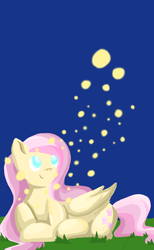 Size: 1600x2600 | Tagged: safe, artist:wimple, imported from derpibooru, fluttershy, firefly (insect), insect, pegasus, pony, female, grass, mare, night, smiling