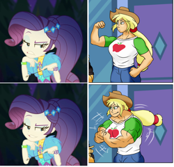 Size: 2276x2184 | Tagged: safe, artist:atariboy2600, artist:bluecarnationstudios, edit, edited screencap, imported from derpibooru, screencap, applejack, rarity, comic:the amazonian effect, comic:the amazonian effect iii, equestria girls, equestria girls series, sunset's backstage pass!, spoiler:eqg series (season 2), applejacked, breasts, busty applejack, female, flexing, geode of shielding, magical geodes, muscle growth, muscles, muscular female, smiling, smug, smugjack