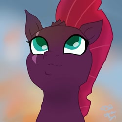 Size: 1080x1080 | Tagged: safe, artist:operfield, imported from derpibooru, tempest shadow, pony, unicorn, abstract background, broken horn, bust, eye scar, female, horn, looking up, mare, scar, scene interpretation, signature, smiling