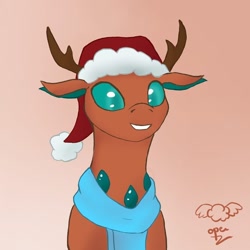 Size: 676x676 | Tagged: safe, artist:operfield, imported from derpibooru, oc, oc only, oc:stitchy de noël, changedling, changeling, antlers, bust, changedling oc, changeling oc, christmas, christmas changeling, clothes, colored, gradient background, hat, holiday, santa hat, scarf, signature, smiling, solo