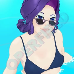 Size: 1080x1080 | Tagged: safe, artist:operfield, imported from derpibooru, rarity, human, bikini, bust, clothes, female, humanized, obtrusive watermark, smiling, solo, sunglasses, swimsuit, watermark