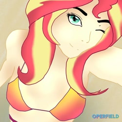 Size: 1080x1080 | Tagged: safe, artist:operfield, imported from derpibooru, sunset shimmer, human, bikini, bust, clothes, female, gradient background, humanized, one eye closed, smiling, solo, swimsuit, wink