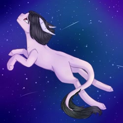 Size: 1200x1200 | Tagged: safe, artist:chrystal_company, imported from derpibooru, oc, oc only, demon, demon pony, original species, flying, horns, leonine tail, shooting star, solo, space, stars, underhoof