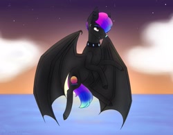 Size: 1920x1500 | Tagged: safe, artist:chrystal_company, imported from derpibooru, oc, oc only, bat pony, pony, bat pony oc, bat wings, choker, cloud, colored hooves, flying, solo, spiked choker, twilight (astronomy), wings