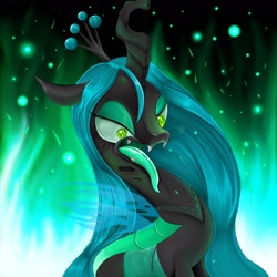 Size: 2048x2048 | Tagged: safe, artist:zebra10045, imported from derpibooru, queen chrysalis, changeling, changeling queen, angry, crown, fangs, female, fire, jewelry, long hair, regalia, solo, tongue out