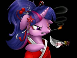 Size: 680x510 | Tagged: safe, artist:zebra10045, imported from derpibooru, twilight sparkle, pony, female, hairpin, japanese, knife, magic, ponytail, scar, solo