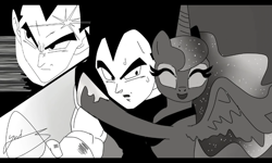 Size: 800x480 | Tagged: safe, artist:yordisz, imported from derpibooru, princess luna, alicorn, angry, black and white, crossover, crossover shipping, dragon ball, dragon ball z, fanfic, fanfic art, grayscale, hug, monochrome, shipping, smiling, vegeta