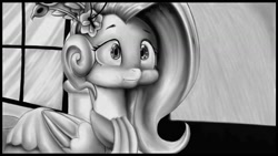 Size: 1280x720 | Tagged: safe, artist:zebra10045, imported from derpibooru, fluttershy, pony, make new friends but keep discord, :i, black and white, female, funny face, grayscale, monochrome, scene interpretation, solo, we bought two cakes