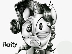 Size: 680x510 | Tagged: safe, artist:zebra10045, imported from derpibooru, rarity, pony, black and white, female, funny face, grayscale, hairpin, monochrome, solo