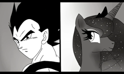 Size: 800x480 | Tagged: safe, artist:yordisz, imported from derpibooru, princess luna, alicorn, black and white, crossover, crossover shipping, dragon ball, dragon ball z, fanfic, fanfic art, grayscale, monochrome, shipping, vegeta