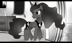 Size: 800x480 | Tagged: safe, artist:yordisz, imported from derpibooru, screencap, princess luna, alicorn, pony, black and white, fanfic art, female, grayscale, monochrome, solo