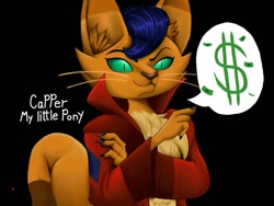 Size: 680x510 | Tagged: safe, artist:zebra10045, imported from derpibooru, capper dapperpaws, abyssinian, anthro, cat, black background, chest fluff, clothes, coat, male, money, simple background, solo