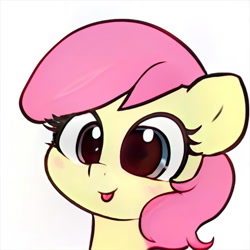 Size: 1024x1024 | Tagged: safe, artist:thisponydoesnotexist, editor:diego96, imported from derpibooru, oc, oc only, pony, ai content, ai generated, artificial intelligence, blushing, female, filly, generator:thisponydoesnotexist, neural network, not apple bloom, not fluttershy, simple background, solo, tongue out