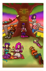 Size: 2090x3255 | Tagged: safe, artist:theomegas2, imported from derpibooru, applejack, fluttershy, pinkie pie, rainbow dash, rarity, spike, starlight glimmer, sunset shimmer, twilight sparkle, butterfly, human, book, fence, hammock, humanized, kite, mane seven, mane six, relaxing, smiling, tree