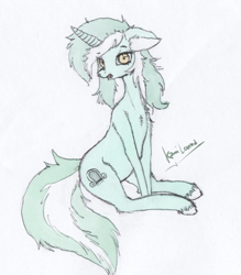 Size: 854x973 | Tagged: safe, artist:kamikazelenna, imported from derpibooru, lyra heartstrings, pony, unicorn, cute, female, looking at you, mare, simple background, sitting, solo, traditional art, white background