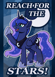 Size: 1500x2100 | Tagged: safe, artist:riverfox237, imported from derpibooru, princess luna, alicorn, pony, female, folded wings, happy, hoof shoes, horn, jewelry, mare, motivational poster, open mouth, peytral, positive ponies, raised hoof, regalia, solo, sweet dreams fuel, underhoof, watermark, wings