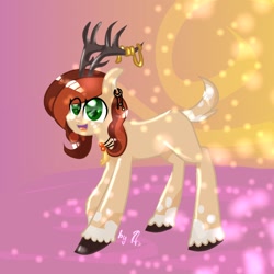 Size: 1024x1024 | Tagged: safe, artist:kiwwsplash, imported from derpibooru, oc, oc only, deer, deer pony, original species, pony, abstract background, antlers, eye clipping through hair, open mouth, smiling, solo, unshorn fetlocks