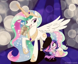 Size: 680x564 | Tagged: safe, artist:zebra10045, imported from derpibooru, princess celestia, alicorn, dog, crossover, crown, jewelry, littlest pet shop, magic, microphone, nicole oliver, regalia, voice actor joke, voice actor reference, zoe trent
