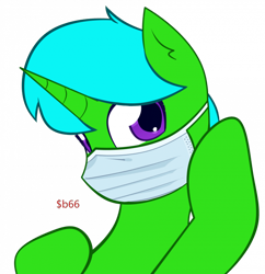 Size: 700x724 | Tagged: safe, alternate version, artist:$b66, imported from derpibooru, oc, oc only, oc:green byte, pony, unicorn, commission, face mask, horn, male, mask, signature, simple background, solo, stallion, transparent background, unicorn oc, ych result