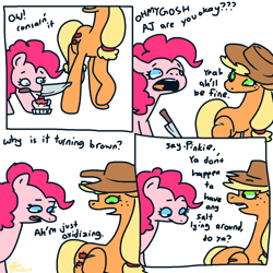 Size: 1280x1280 | Tagged: safe, artist:hotkoin, artist:pencilbrony, imported from derpibooru, applejack, pinkie pie, earth pony, pony, accident, apple, comic, concerned, confused, cowboy hat, cupcake, cut, duo, female, food, hat, knife, mare, oxidization, simple background, stare, surprised, this will end in snacking, white background, you are what you eat