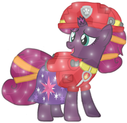 Size: 1080x1046 | Tagged: safe, artist:徐詩珮, imported from derpibooru, fizzlepop berrytwist, tempest shadow, crystal pony, pony, unicorn, series:sprglitemplight diary, series:sprglitemplight life jacket days, series:springshadowdrops diary, series:springshadowdrops life jacket days, alternate universe, broken horn, clothes, crystallized, cute, cutie mark, cutie mark on clothes, dress, eye scar, eyelashes, female, helmet, horn, looking back, mare, marshall (paw patrol), open mouth, paw patrol, paw prints, scar, simple background, solo, transparent background