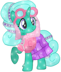 Size: 917x1080 | Tagged: safe, artist:徐詩珮, imported from derpibooru, glitter drops, crystal pony, pony, unicorn, series:sprglitemplight diary, series:sprglitemplight life jacket days, series:springshadowdrops diary, series:springshadowdrops life jacket days, alternate universe, base used, clothes, crystallized, cute, dress, eyelashes, female, goggles, looking back, mare, paw patrol, raised hoof, simple background, skye (paw patrol), smiling, solo, transparent background