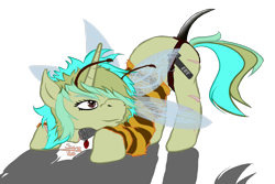 Size: 1200x800 | Tagged: safe, artist:scoundrel scaramouche, imported from derpibooru, oc, oc:piper, bee, insect, pony, unicorn, female, mare, mwah, png