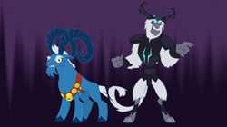 Size: 5360x3008 | Tagged: safe, artist:andoanimalia, imported from derpibooru, grogar, storm king, goat, sheep, yeti, my little pony: the movie, angry, antagonist, armor, beard, beast, claws, clenched fist, cloven hooves, collar, crown, dark background, eyebrows, facial hair, fangs, horns, jewelry, looking at you, male, pointing, ram, regalia, snarling, storm king's emblem, tail