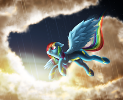 Size: 4300x3500 | Tagged: safe, artist:awalex, imported from derpibooru, rainbow dash, pegasus, pony, clothes, cloud, female, floppy ears, flying, high res, mare, rain, sky, smiling, solo, spread wings, uniform, wet, wet mane, wings, wonderbolts uniform